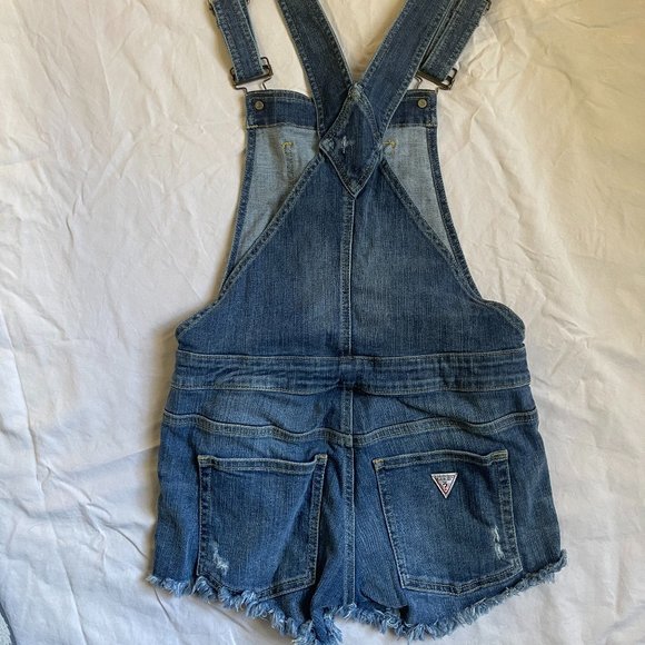 Vintage GUESS Jeans Romper Overalls Shorts Blue Sz S Shortalls Denim Distressed - Picture 3 of 4